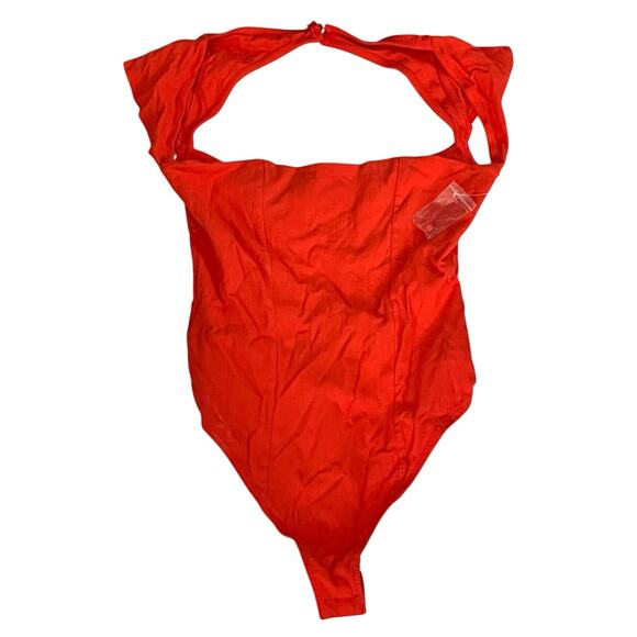 Intimately Free People Thong Bodysuit •S• Square Neck Short Cap Sleeve Red NEW - Picture 1 of 11